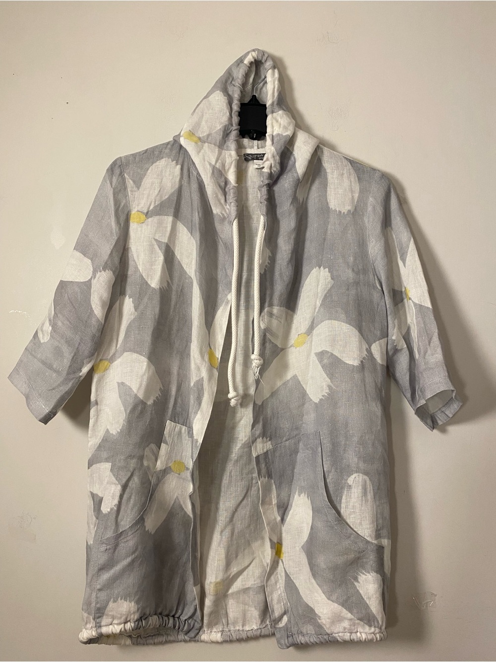 Light Gray Linen Floral Hooded open front cardigan